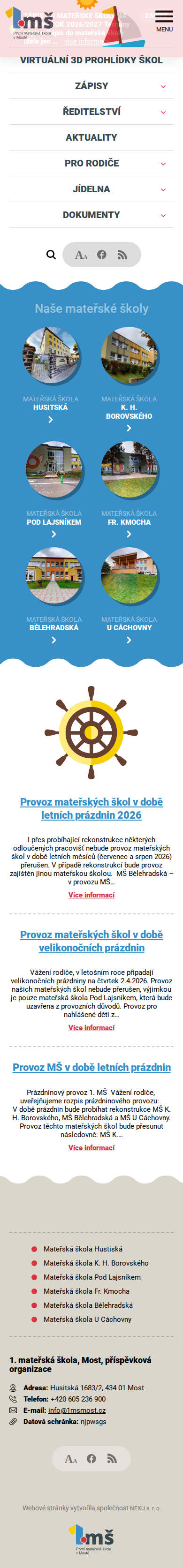 Současný web 1. mateřská škola Most na mobilu