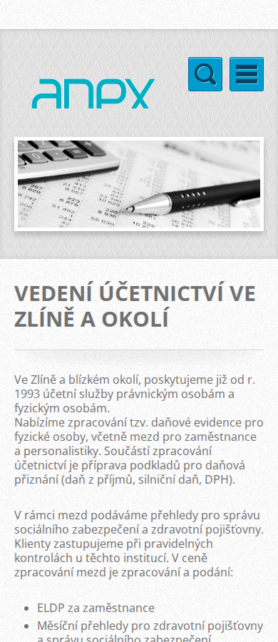 Současný web A N E X, spol. s r.o. na mobilu