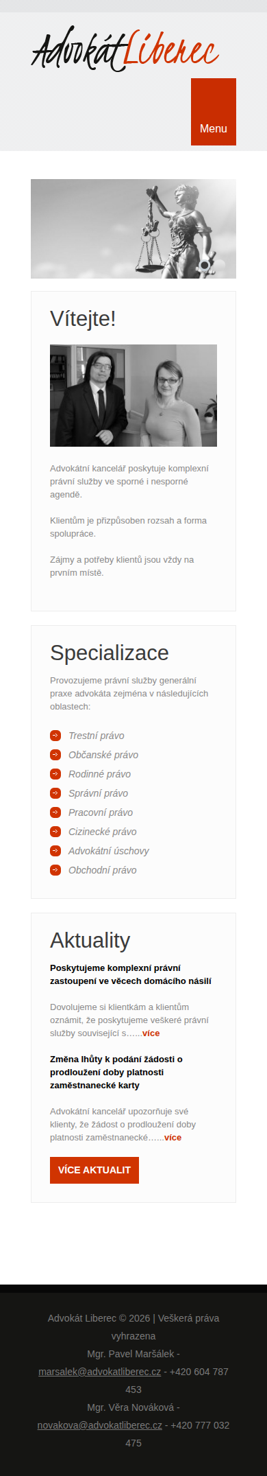 Současný web Advokát Liberec – Mgr. Pavel Maršálek a Mgr. Věra Nováková na mobilu