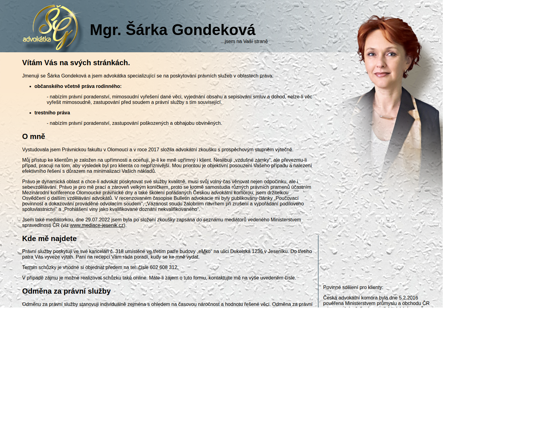 Současný web Advokátka Mgr. Šárka Gondeková na počítači