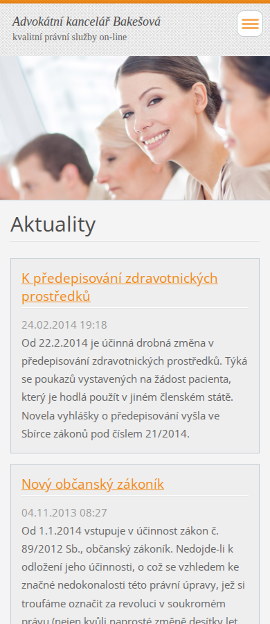 Současný web Advokátní kancelář Bakešová na mobilu