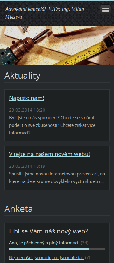 Současný web Advokátní kancelář JUDr. Ing. Milan Mleziva na mobilu