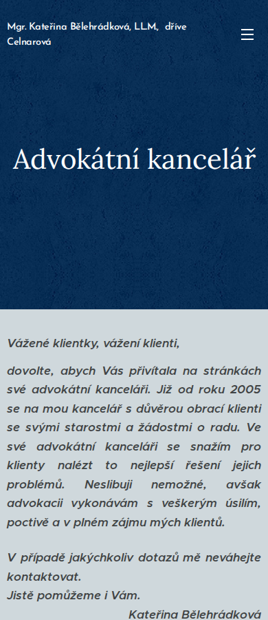 Současný web Advokátní kancelář Mgr. Kateřina Celnarová, Břeclav na mobilu