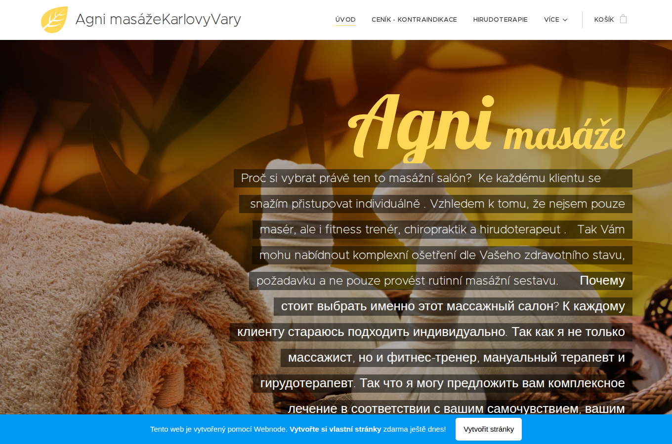 Současný web Agni masáže na počítači