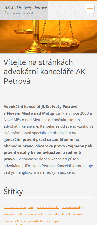 Současný web AK JUDr. Ivety Petrové na mobilu