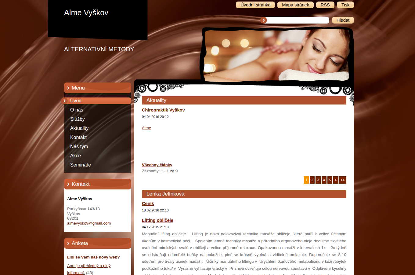 Současný web ALME Vyškov, masáže a alternativní metody na počítači
