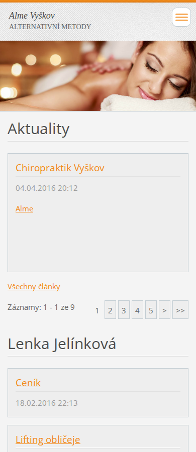 Současný web ALME Vyškov, masáže a alternativní metody na mobilu