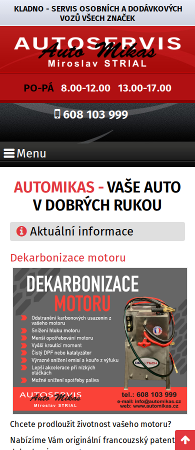 Současný web Autoservis Automikas Kladno na mobilu