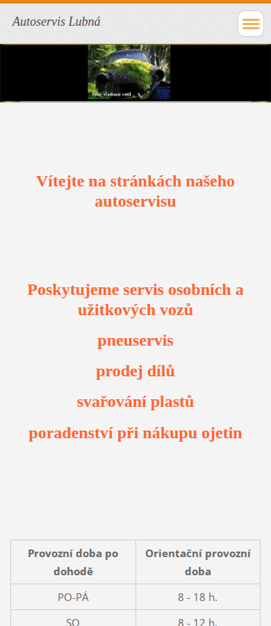 Současný web Autoservis Lubná na mobilu