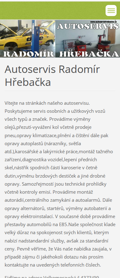 Současný web Autoservis Radomír Hřebačka na mobilu