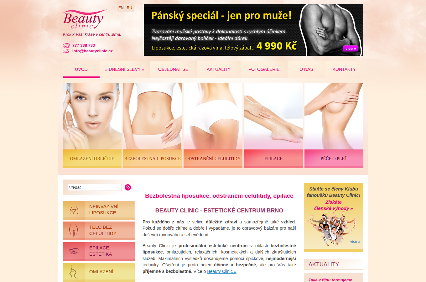 Současný web Beauty Clinic Brno – neinvazivní liposukce na počítači