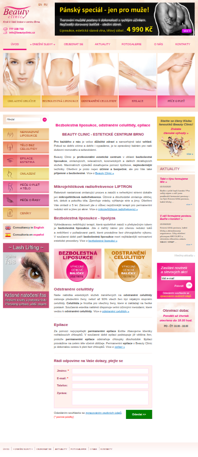 Současný web Beauty Clinic Brno – neinvazivní liposukce na mobilu