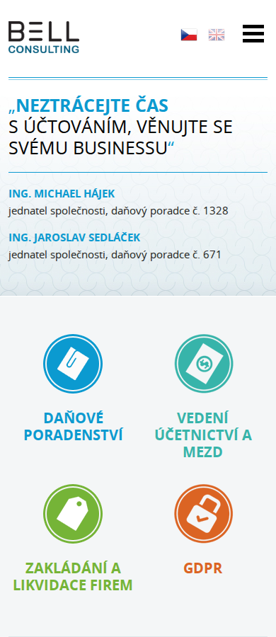 Současný web BELL Consulting – účetnictví, daně a GDPR na mobilu