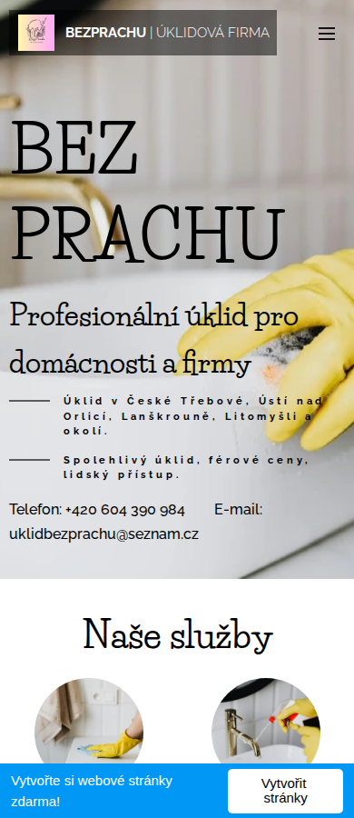 Současný web BEZPRACHU – úklid domácností v České Třebové a okolí na mobilu