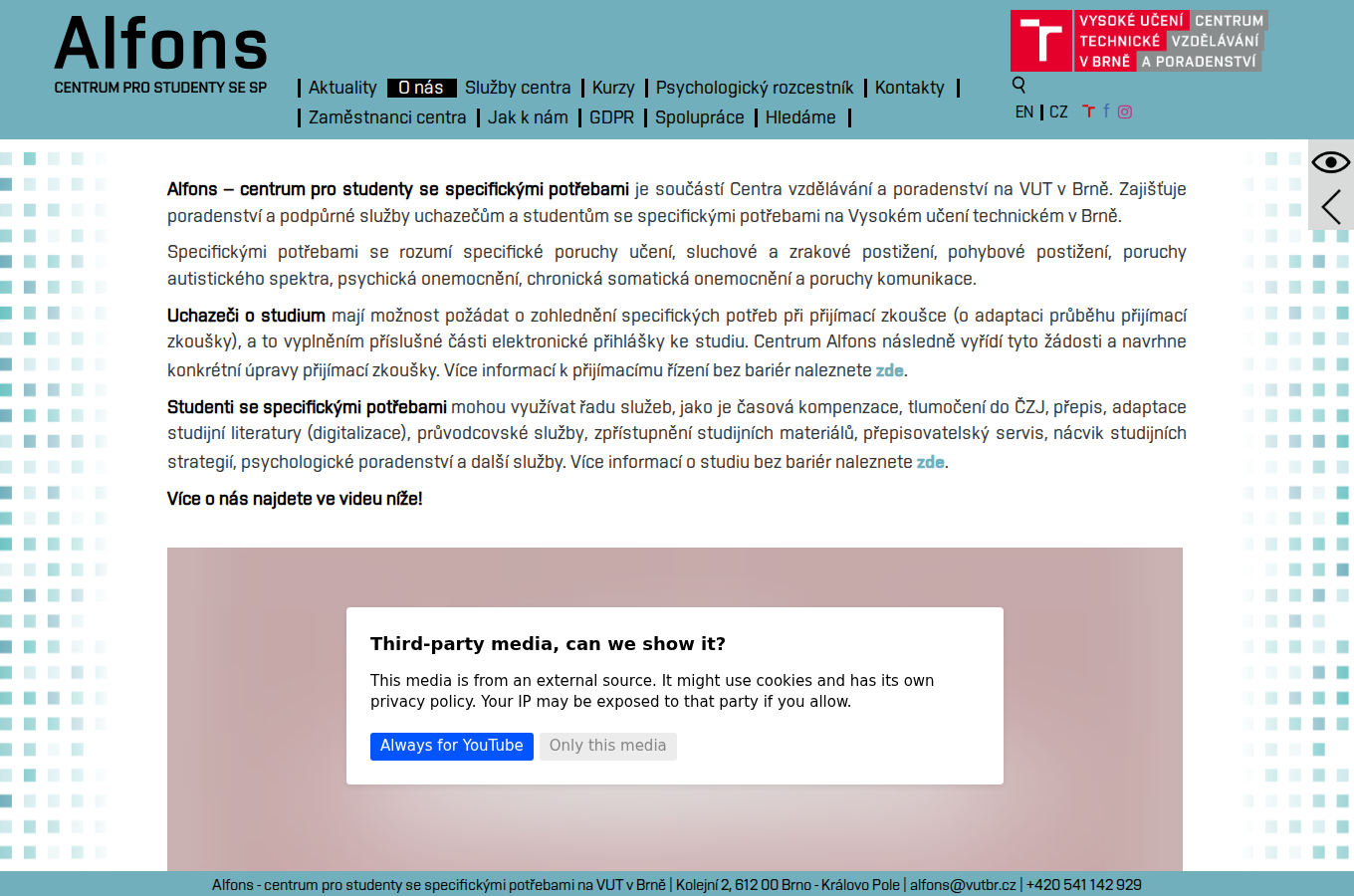 Současný web Centrum Alfons – VUT Brno na počítači