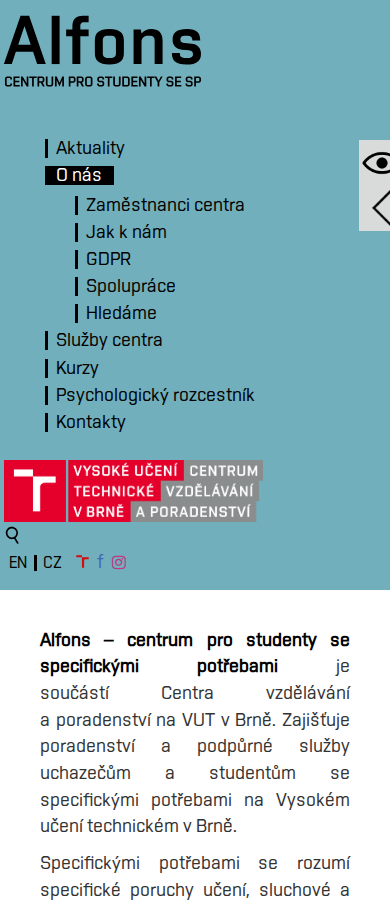 Současný web Centrum Alfons – VUT Brno na mobilu