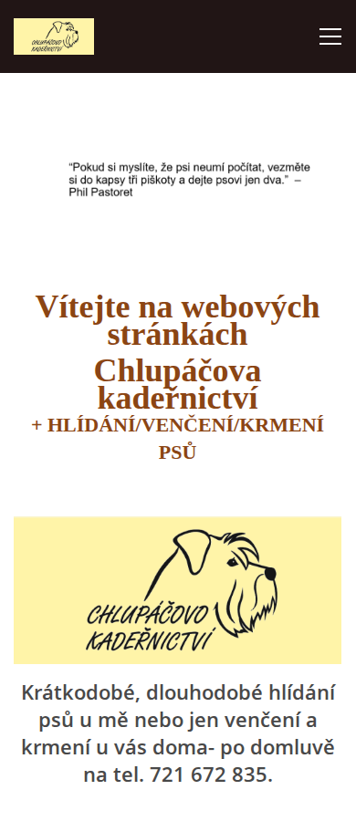Současný web Chlupáčovo kadeřnictví pro psy na mobilu