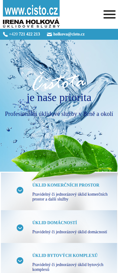 Současný web Čisto.cz – úklidové služby Irena Holková na mobilu