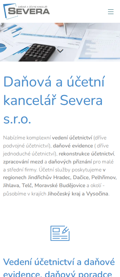 Současný web Daňová a účetní kancelář Severa s.r.o. na mobilu