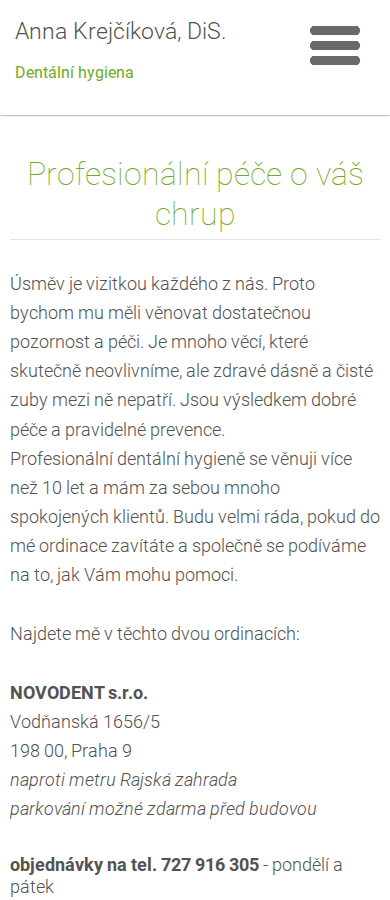Současný web Dentální hygiena Anna Krejčíková na mobilu