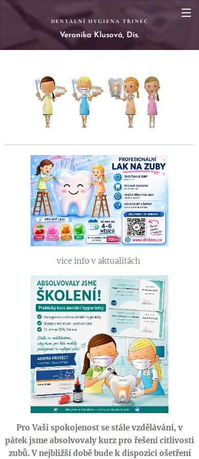 Současný web Dentální hygiena Třinec Veronika Klusová na mobilu