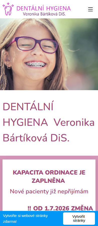 Současný web Dentální hygiena Veronika Bártíková na mobilu