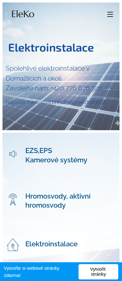 Současný web EleKo elektroinstalace na mobilu