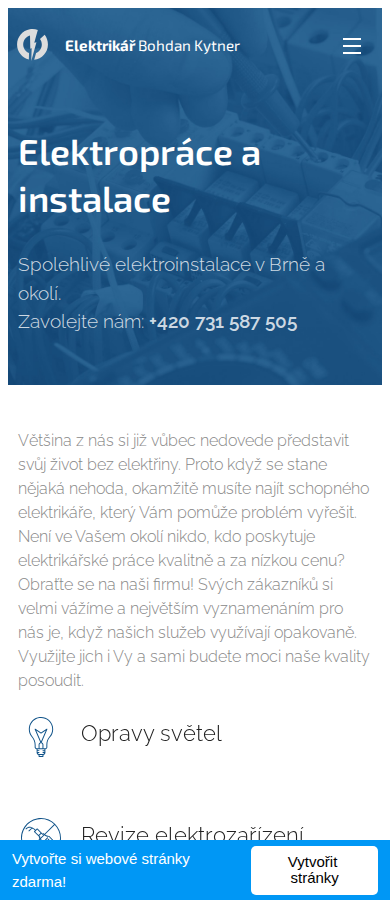 Současný web Elektrikář Brno na mobilu