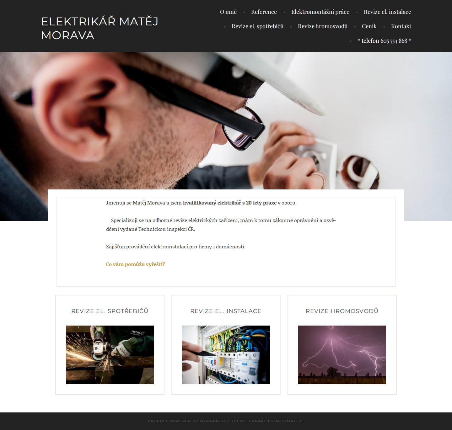 Současný web Elektrikář Matěj Morava na počítači