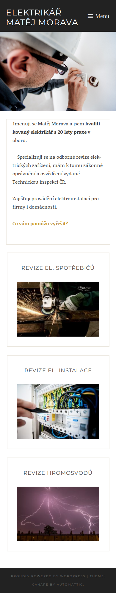 Současný web Elektrikář Matěj Morava na mobilu