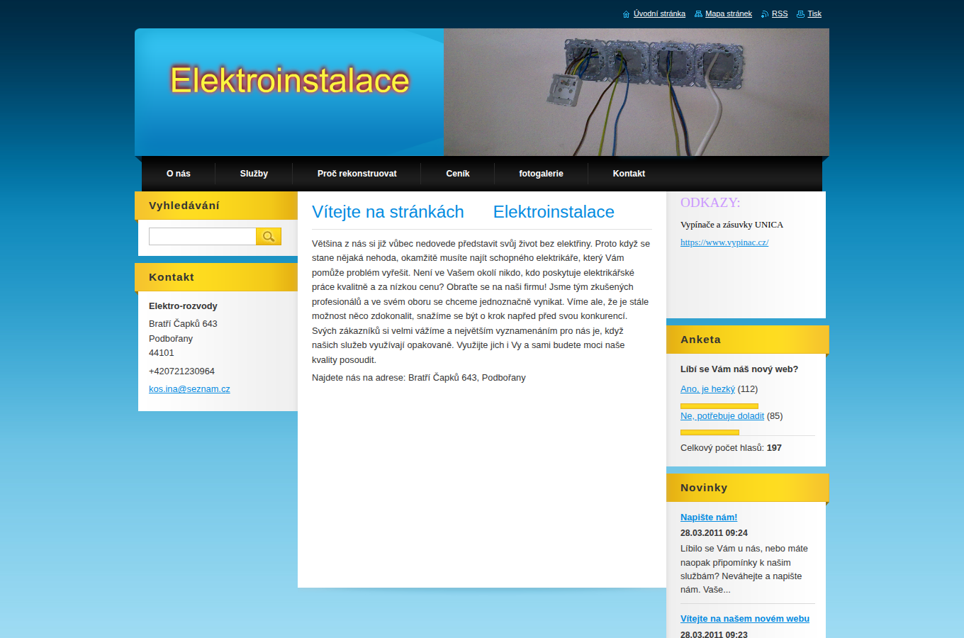 Současný web Elektro rozvody Košina na počítači