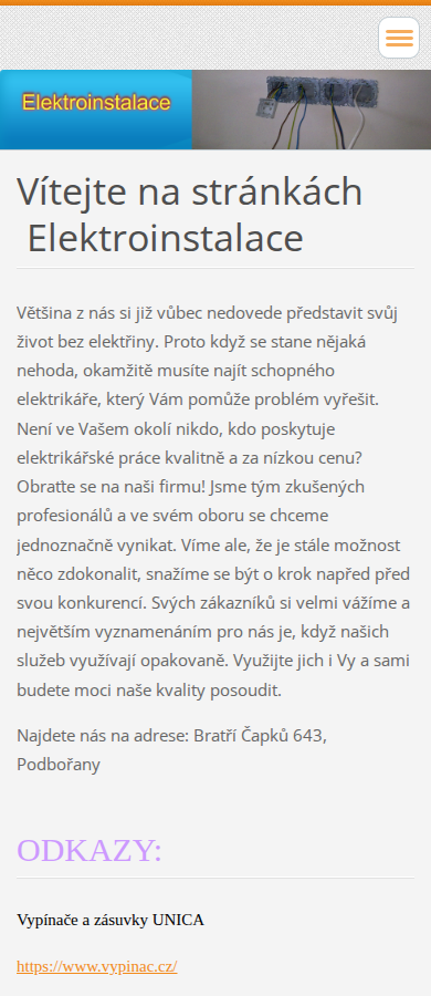 Současný web Elektro rozvody Košina na mobilu