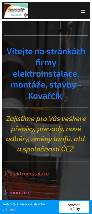 Současný web Elektroinstalace Kovarčík na mobilu