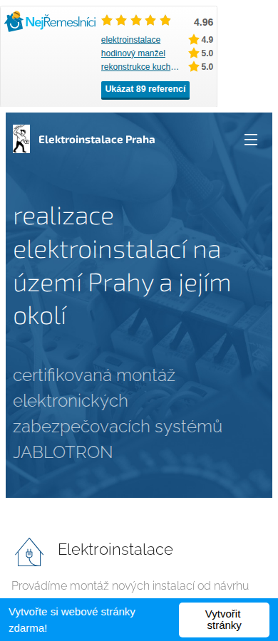 Současný web Elektroinstalace Praha 8 na mobilu