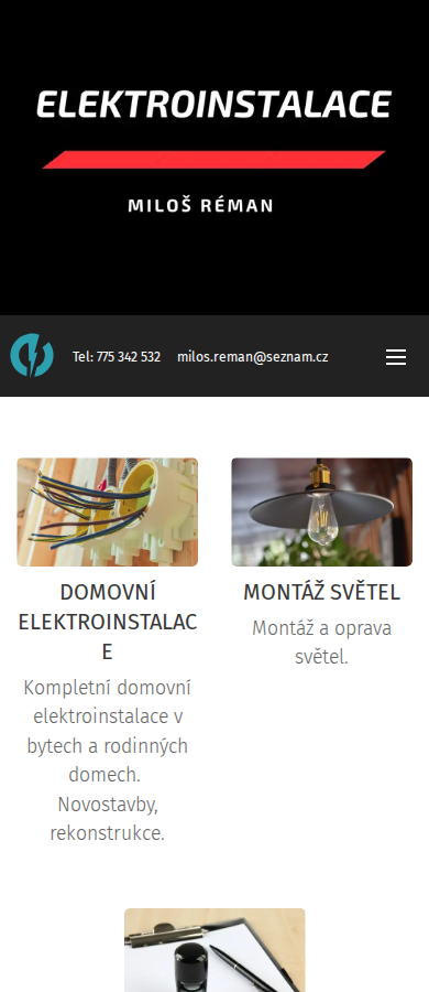Současný web Elektroinstalace Řeman na mobilu
