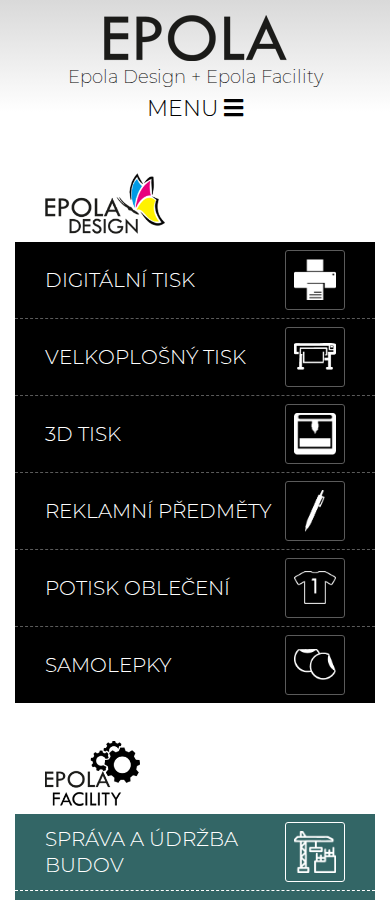 Současný web EPOLA spol. s r.o. (EPOLA DESIGN + EPOLA FACILITY) na mobilu