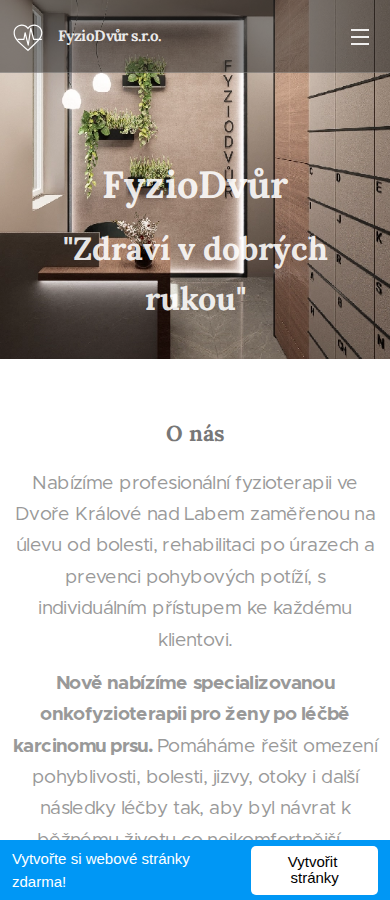 Současný web Fyzioterapie a rehabilitace Dvůr Králové nad Labem na mobilu