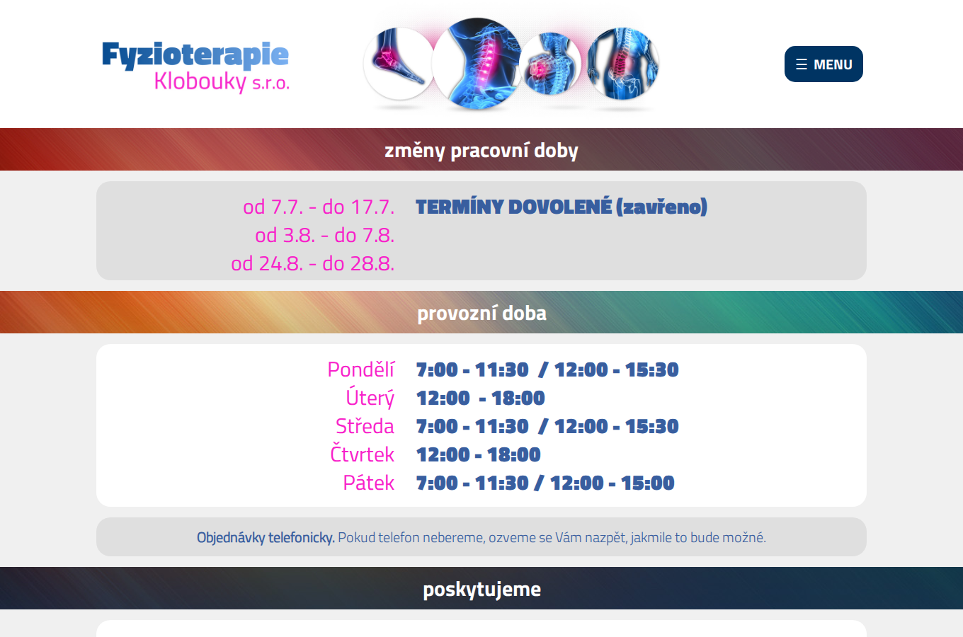 Současný web Fyzioterapie Klobouky s.r.o. na počítači
