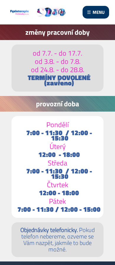 Současný web Fyzioterapie Klobouky s.r.o. na mobilu
