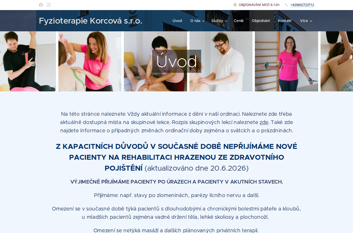 Současný web Fyzioterapie Korcová s.r.o. na počítači