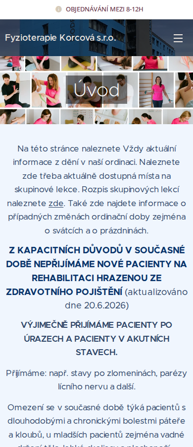 Současný web Fyzioterapie Korcová s.r.o. na mobilu