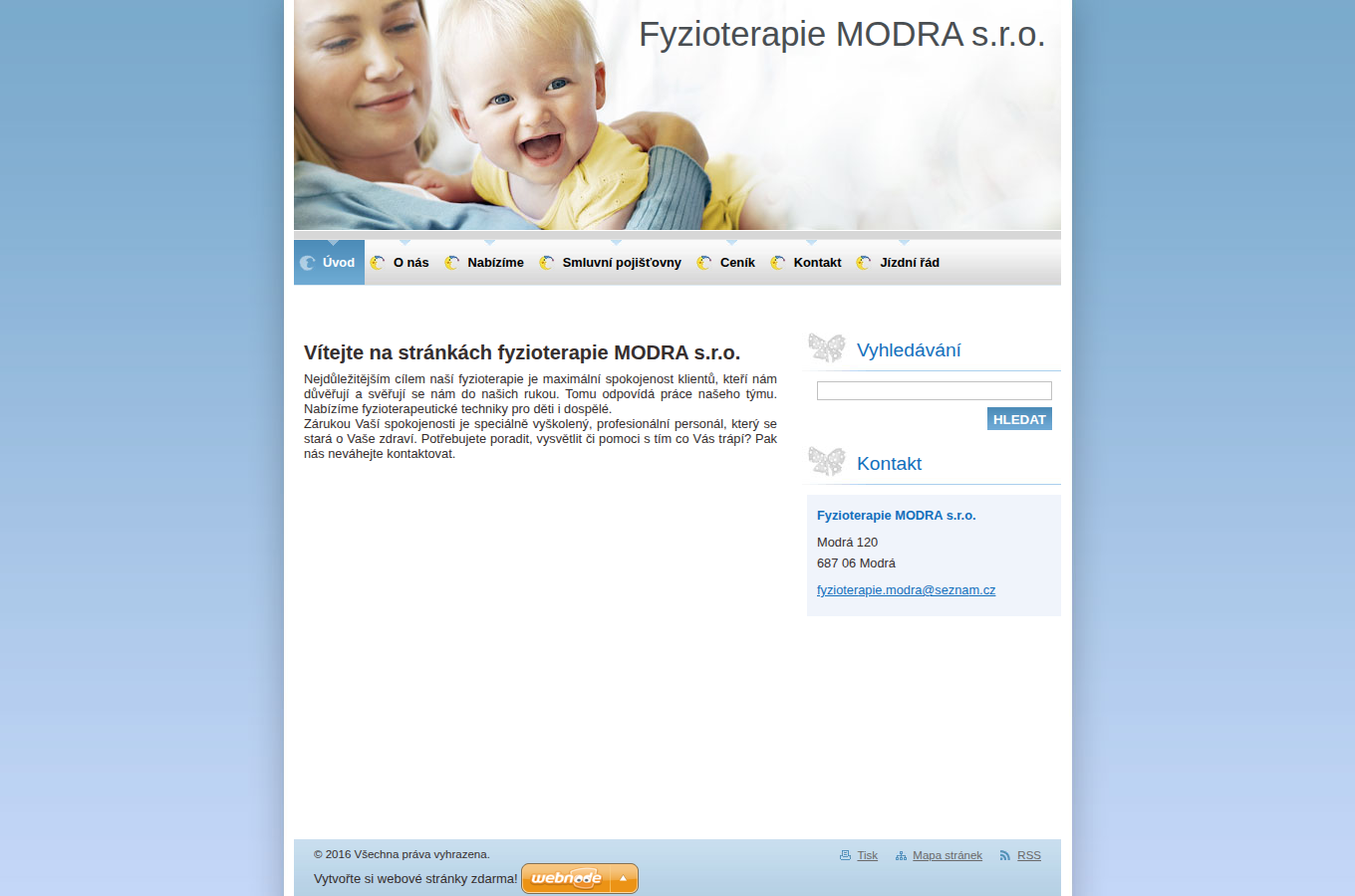 Současný web Fyzioterapie MODRA s.r.o. na počítači