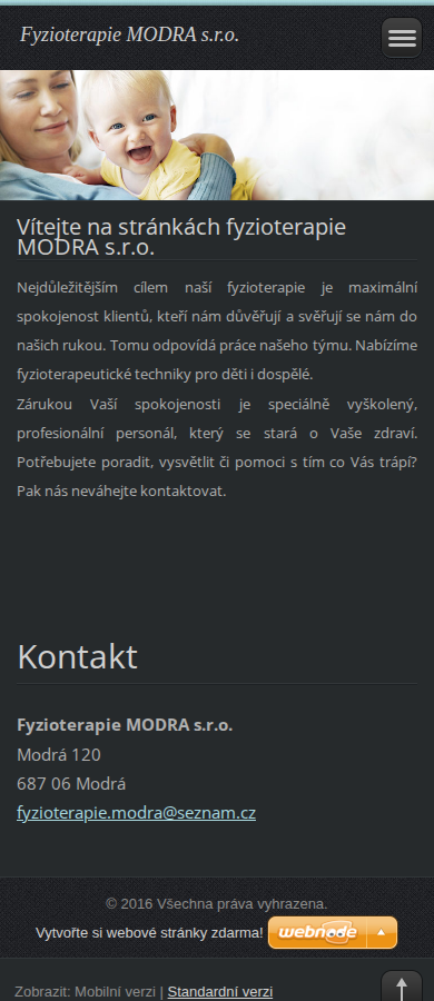 Současný web Fyzioterapie MODRA s.r.o. na mobilu