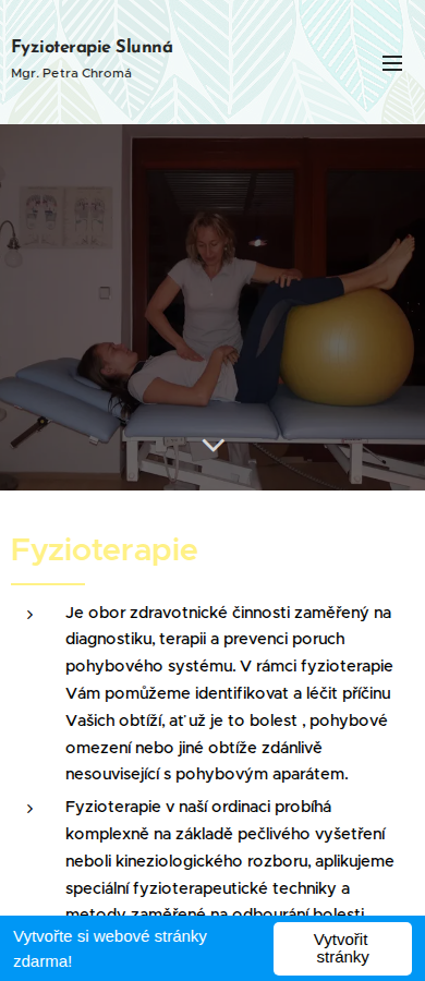 Současný web Fyzioterapie Slunná Petra Chromá na mobilu