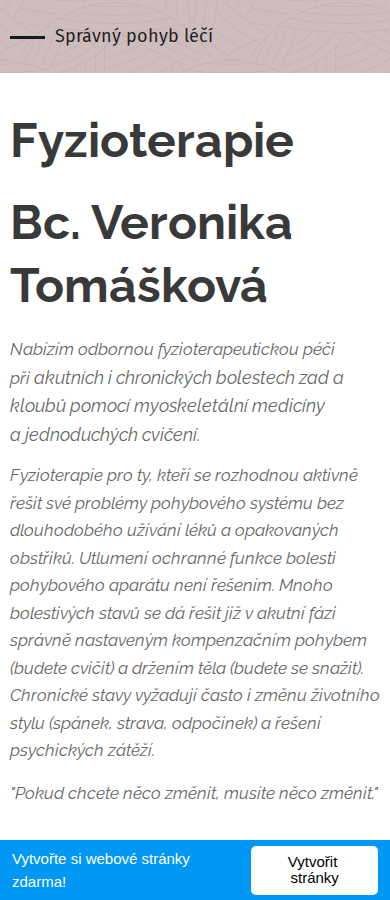 Současný web Fyzioterapie Veronika Tomášková na mobilu