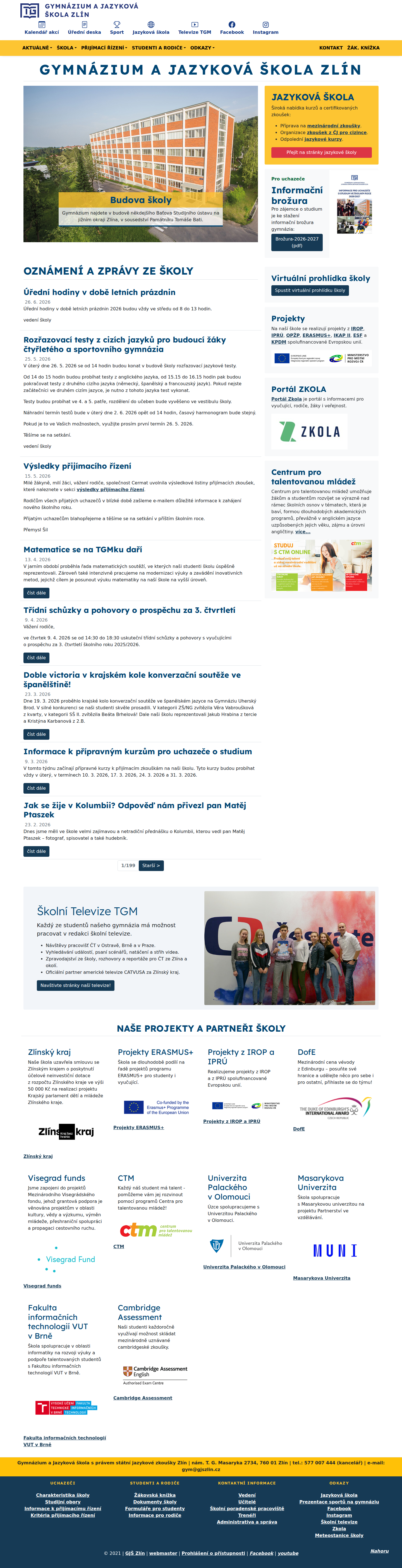 Současný web Gymnázium a Jazyková škola Zlín na počítači