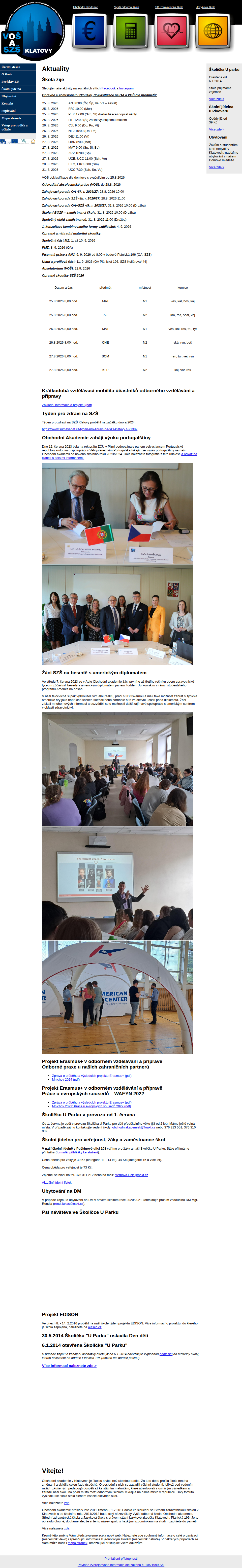 Současný web Hlavní strana - VOŠ, OA, SZŠ a Jazykové školy Klatovy na mobilu