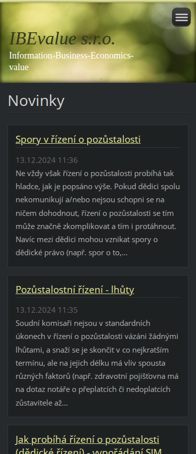 Současný web IBEvalue – oceňování nemovitostí na mobilu