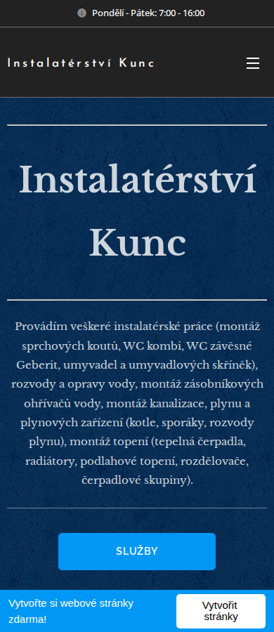 Současný web Instalatérství Kunc na mobilu