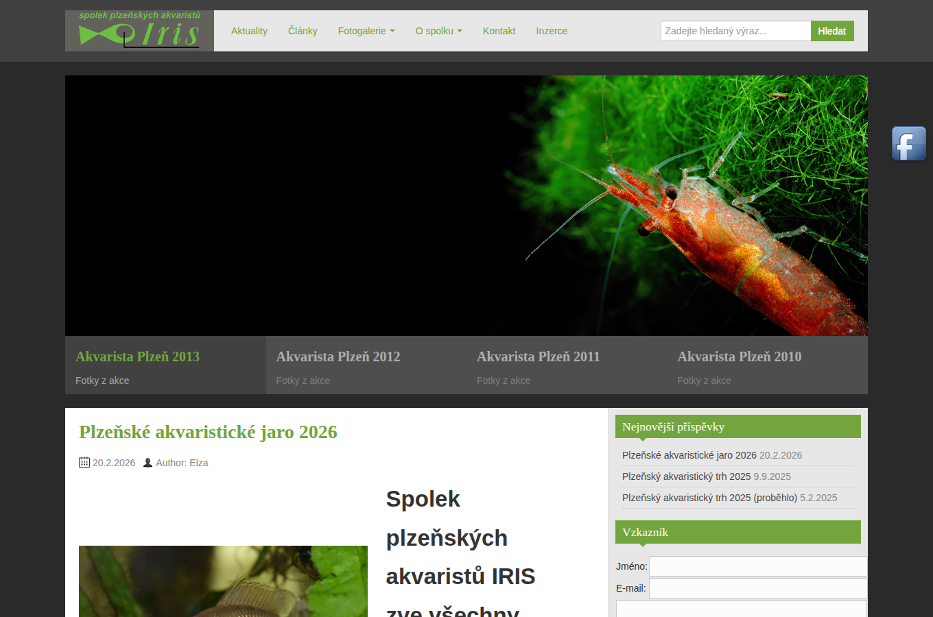 Současný web IRIS – spolek plzeňských akvaristů na počítači